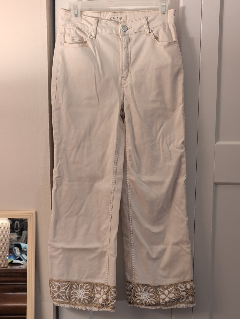 Charlie B Cream Wide-Leg Jeans with Embroidered Hem Trim